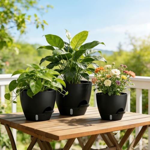 Plant Pots, 4 Pack 12/10/9/8 Inch Self Watering Pots with Drainage Holes, Water Level Indicator Deep Reservoir, Large Planters for Indoor Outdoor Plants - Black - Image 7