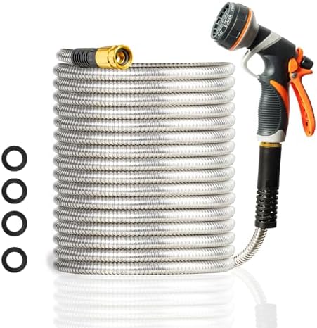 Metal Garden Hose 125FT Heavy Duty Lightweight 304 with Brass Nozzle,Durable Fittings,No Kink & Tangle,Puncture Resistant,Easy to Use & Store for RV,Outdoor, Yard,Ligh (125ft) by BEOFCL