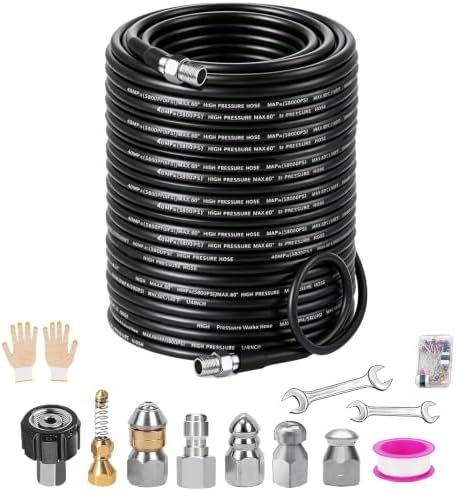 Sewer Jetter Kit for Pressure Washer 200FT, 5800PSI Drain Cleaner Hose 1/4 Inch NPT Corner Rotating and Button Nose Sewer Jetting Nozzle Sewer Jetting Nozzles Kit with Spanner (200FT) by Laopypor