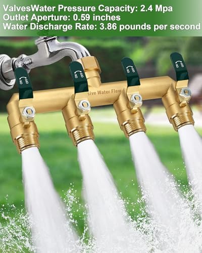 4 Way Hose Splitter, Heavy Duty Full Flow Garden Hose Splitter with 4 Large Metal Handles, Brass Water Hose Bib Splitter, T Adapter Connector with 3/4 - Inch GHT Thread (Green) - Image 6