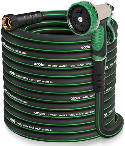 Garden Hose 100 ft x 5/8" with Nozzle, Water Hose Heavy Duty Flexible, Lightweight Kink-less Hybrid Hose with Swivel Handle, Male to Female Fittings (Green, 100FT) by EOOIOGARDEN