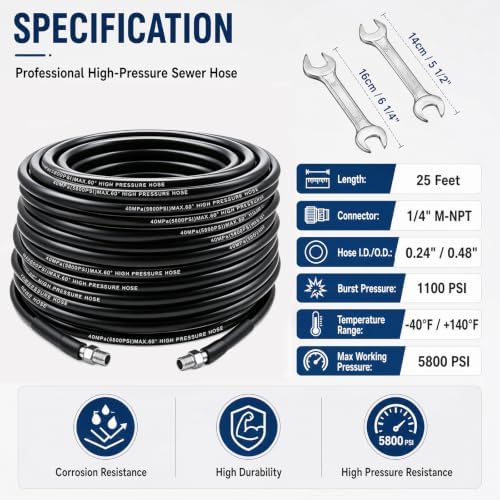 Sewer Jetter Kit for Pressure Washer 50FT, 5800PSI Drain Cleaner Hose 1/4 Inch NPT Corner Rotating and Button Nose Sewer Jetting Nozzle,Sewer Jetting Nozzles Kit with Spanner (50FT) - Image 2