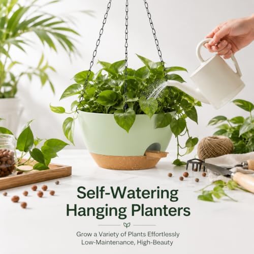 12 Inch Self Watering Hanging Planters 2 Pack, Green Brown - Image 4