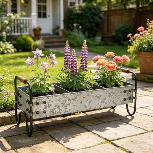 Rustic Galvanized Metal 3-Compartment Planter with Wood Handles, Vintage Style Succulent Herb Flower Pot for Indoor Outdoor Garden, Kitchen, Windowsill Decor by Unknown