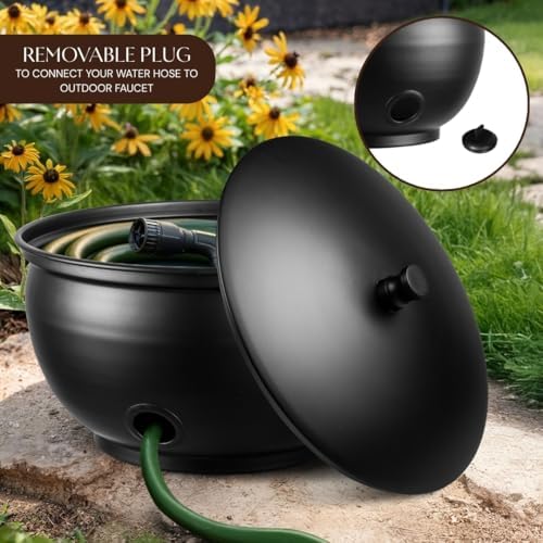 Monarch Abode Garden Hose Holder with Lid – Decorative Water Hose Holders for Outside, Smooth Metal Matte Black Pot with Drainage, 100ft Waterhose Holder for Outside, Garden Storage Caddy - Image 4