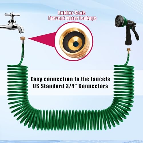 AUTOMAN Coil Garden Hose 50 ft, EVA Curly Water Hose with Brass Connectors, Recoil Garden Water Hose,Includes 7-Pattern Function Sprayer,Retractable,Corrosion Resistant Garden Coil Hose. - Image 4