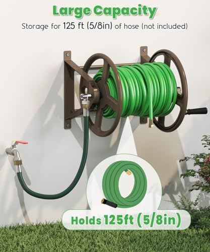 Garden Hose Reel Wall Mounted, Heavy-Duty Water Hose Holder Winder with 3.9 ft Leader Hose & Brass Fitting, Hose Hanger Storage Rack Holds 125-Feet of, 5/8-Inch, for Yard Lawn Farm, Brown - Image 2
