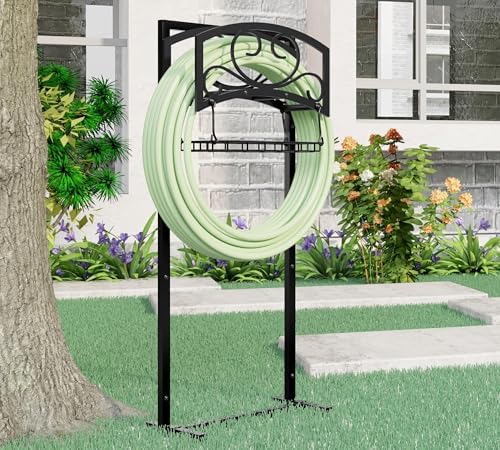 Kingson Freestanding Garden Hose Holder with Storage Basket - Heavy-Duty Black Powder-Coated Steel, Holds 150FT Hose, Detachable & Portable Design with Assembly Tools, Ideal for Outdoor Use - Image 5