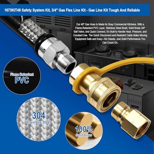 2PACK 1675KIT48 Safety System Kit, 48" Commercial Gas Hose Connector Kit with 3/4" Quick Disconnect, Flexible Gas Line Hose, Gas Valve & Restraining Cable for Moveable Commercial Kitchen Equipment. - Image 5