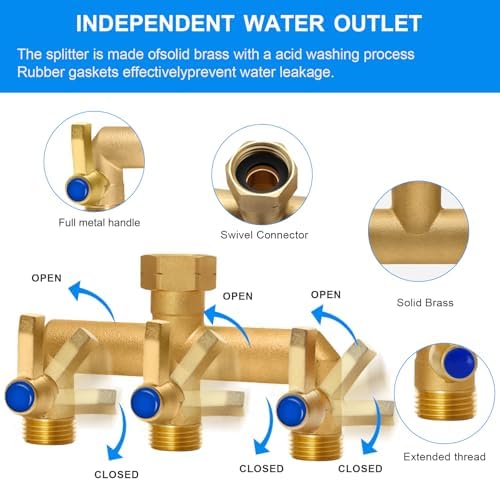 Brass Garden Hose Splitter, 3 Way Hose Splitter, Outdoor Hose Splitter, GHT 3/4 In. Female Inlet And 3 Way 3/4 In, (Increase Flow Style) - Image 5