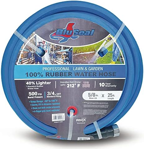 BluSeal Hot/Cold Water Rubber Garden Hose, 100% Rubber, Ultra-Light, Super Strong, 500 PSI, 50F to 190F Degrees, High Strength Polyester Braided (5/8" x 25') by RMX+BluSeal