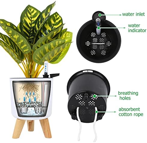6.5" & 5.5" Self Watering Planters (2 Pack) for Indoor Plants with Water Indicator, White Modern Flower Pot with Wood Stand for Office Home Decor Garden (Small+Middle) - Image 2