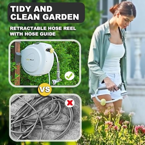 Retractable Garden Hose Reel, 1/2 in 100+6 ft, Heavy Duty Wall Mounted Water Hose Reel, Spring Power Automatic Rewind, Any Length Lock, 180° Swivel Bracket, 10 Pattern Spray Nozzle - Image 6