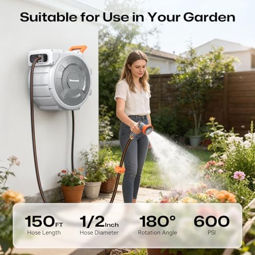 Retractable Garden Hose Reel, 1/2 Inch 150FT Wall Mounted Heavy Duty Garden Hose Reel with 9 Patterns Nozzle, Any Length Lock, Upgraded Slow Return System and 180°Swivel Metal Bracket (1/2" 150FT) - Image 2
