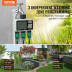 VEVOR Water Timer, 3 Outlets, Hose Watering Sprinkler Timer, with 3 Independent Watering Zone LCD Display Rain Delay Mode Manual Mode 360° Brass Inlet Metal Filter, IPX6 Waterproof for Yard Watering - Image 2