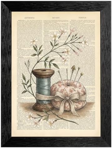 Framed Canvas Wall Art Vintage Sewing Kit Jasmine Earthy Sepia Botanical Spool Canvas Print Poster Black Frame Wall Decor for Craft Room Studio Cottagecore, Antique Encyclopedia Art - 24x36 Inch by Unknown