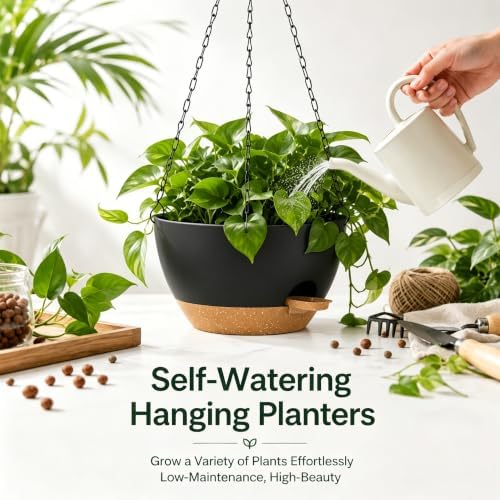 12 Inch Self Watering Hanging Planters, Black Brown, 2 Pack - Image 4