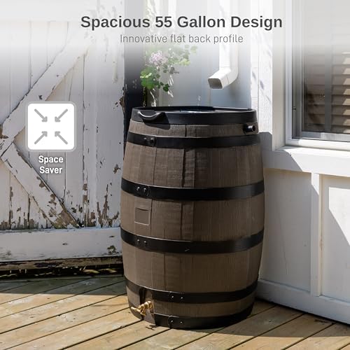 RTS Home Accents Premium 55-Gallon Rain Barrel with Removable Lid, Flat Back Rain Water Collection Barrel, Stand Included, Woodgrain with Black Stripes - Image 5