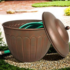 BSTGIFTS Garden Water Hose Holder - Decorative Metal Pot, Metal Hose Storage Pot, Garden Storage Organizer, Patio Portable Bucket - Antique Copper Accents, Holds up to 100ft Hoses (Embossed) - Image 3