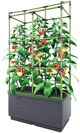 BioGreen Raised Garden Bed with Trellis CITY JUNGLE | 8.98 gal | 13“L x 24“W x 63.4“H | Integrated Irrigation System | Grey Self-Watering Planter Box by BioGreenUSAInc