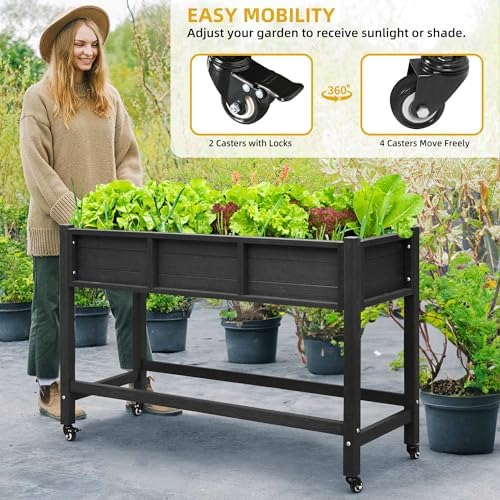 DWVO Raised Garden Bed HDPE with Wheels 47x18x31in Weather-Resistant Poly Wood Raised Planter Box Outdoor with Legs, Elevated Planter Box for Patio Balcony Backyard, Black - Image 4