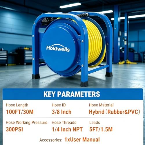 Heavy Duty Retractable Air Hose Reel, 3/8" x 100FT Flex Hybrid Hose, 300PSI Max, Spring-Driven Steel Frame, Floor-Standing Quad Pod Design, Portable & Kink-Resistant - Image 2