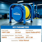 Heavy Duty Retractable Air Hose Reel, 3/8" x 100FT Flex Hybrid Hose, 300PSI Max, Spring-Driven Steel Frame, Floor-Standing Quad Pod Design, Portable & Kink-Resistant - Image 2
