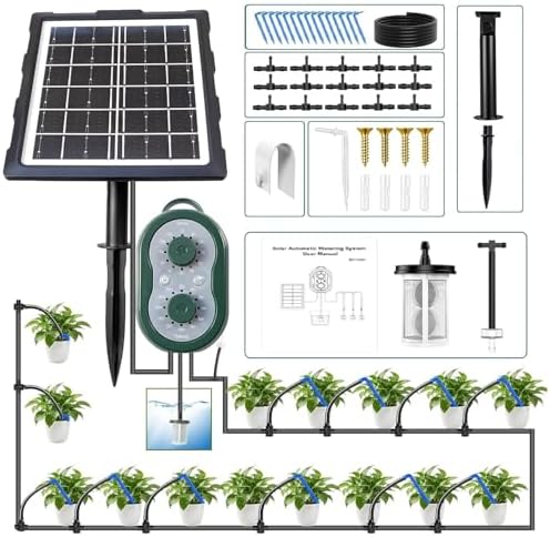 50FT Solar Automatic Drip Irrigation Kit System, Smart Self-Watering System with USB Charging for Outdoor Indoor Use, 2200mAh Automatic Watering System Supports 15 Pots for Garden, Balcony & Patio by MQUPIN