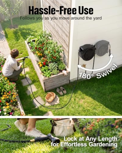 wikiwiki Retractable Garden Hose Reel 1/2 in x 50 ft, Heavy Duty Wall Mounted Hose Reel with 10- Function Sprayer Nozzle, Automatic Slow Return System/180°Swivel Bracket/UV Resistant (Black) - Image 6