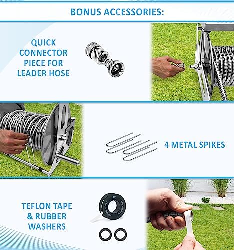 Morvat Stainless Steel Garden Hose Reel 150FT Hose Capacity Retraceable With Crank Handle, Heavy Duty Wall/Floor Mounted Water Hose, Includes 100FT Stainless-Steel Hose with On/Off Valve & Nozzle - Image 4