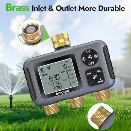 Insoma Water Timer with Brass Inlet, 3 Independent Zones Outdoor Hose Timer for Garden Faucet with Auto/Manual/Rain Delay Mode, IPX5 Waterproof, Sprinkler Irrigation Controller for Yard Lawn - Image 2