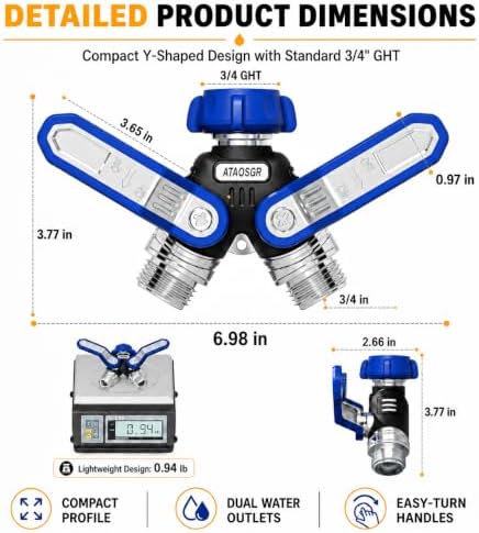 Garden Hose Splitter 2 Way, All-Metal Heavy Duty Water Spigot Splitter,with 3.68" Extra Long Handles, with Dual Shut-Off Valves, High Flow 3/4" GHT Outdoor Faucet Adapter,Blue - Image 3
