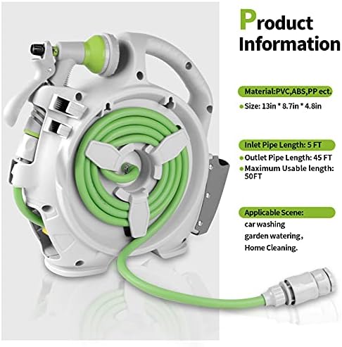 Garden Retractable Hose Reel, Portable Simple Home Hose Reel 45+5 FT with 7 Patterns Spray Nozzle, Wall Mounted and Any Length Lock for Garden Watering, Car Washing, Pet (Green) - Image 3