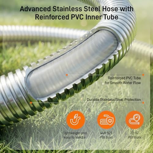 Garden Hose, 50ft 5/8" Stainless Steel Water Hose w/ 10-Mode Spray Nozzle, On/Off Valve, 523 PSI Burst, Anti-Kink, Lightweight All-Weather Flexible, Leakproof 3/4" Brass Male to Female Fittings - Image 3