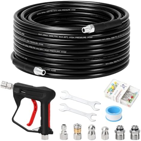 Sewer Jetter Kit for Pressure Washer 50 FT, Drain Cleaning Hose with Short Gun, 1/4" NPT, Rotating, Button Nose & Corner Nozzles, High Pressure Pipe Cleaner for Sewer and Drain Cleaning by Javneo