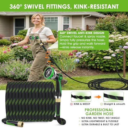 100 ft Non-Expanding Garden Hose, 360° Anti-Kink Swivel Fittings - Image 3