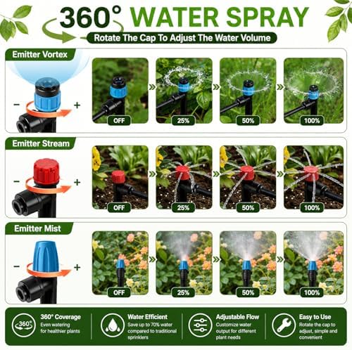300FT Drip Irrigation System Kit, Quick Push-to-Connect Auto Garden Watering Irrigation System with 70FT 1/2'' & 230FT 1/4'' Tubing, Adjustable Dripper Sprayers for Raised Bed, Lawn, Greenhouse - Image 3
