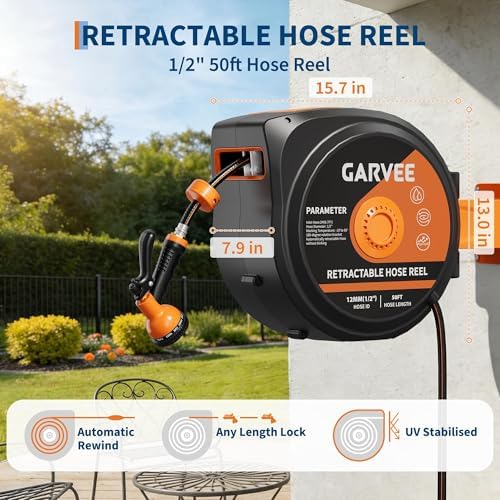 Retractable Garden Hose Reel, 1/2 Inch x 50 ft Wall Mounted Hose Reel with 10 Patterns Nozzle, Heavy Duty Garden Water Hose Reel with Upgraded Slow Return System, Any Length Lock and 180°Swivel Bracke - Image 3
