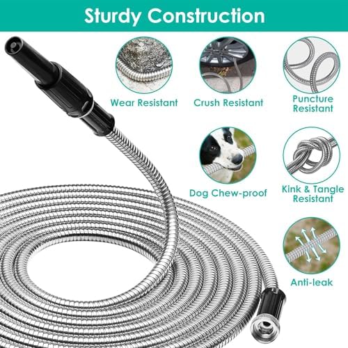 iMounTEK 100FT Garden Hose Heavy Duty Stainless Steel Garden Hose Garden Watering Kit Metal Water Hose w/ 2 Nozzles 12 Patterns Flexible Extendable Kink Tangle Puncture Resistant Dog Proof for Garden - Image 3