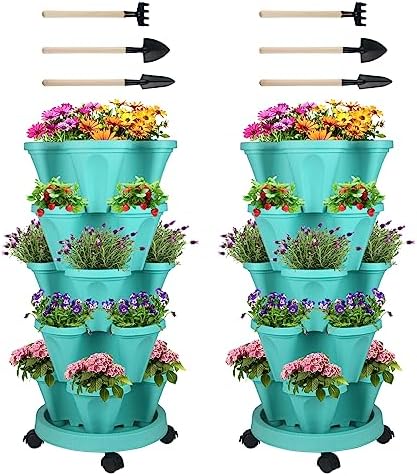 DUNCHATY Stackable Planter, Vertical Garden Planter with Wheels and Garden Tools, Strawberry Planter Indoor/Outdoor 5 Tier Herb Planter Pots for Growing Vegetables and Succulents,Teal by DUNCHATY
