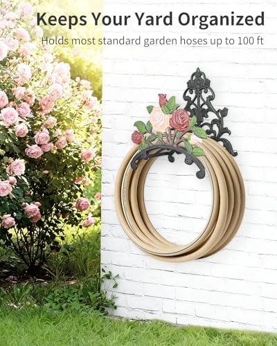 Cast Iron Garden Hose Holder Wall Mount, Rustic Heavy Duty Water Hose Hanger Storage Rack, Decorative Vintage Hose Reel Organizer for Outside Garden Yard Patio, Painted Rose Design - Image 5