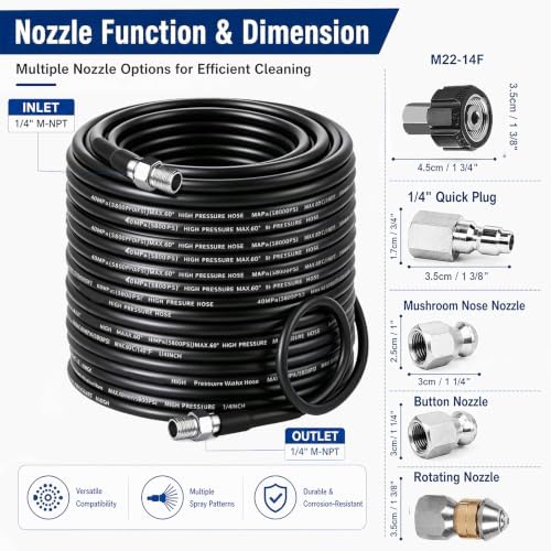 Sewer Jetter Kit for Pressure Washer 100FT, 5800PSI Drain Cleaner Hose 1/4 Inch NPT Corner Rotating and Button Nose Sewer Jetting Nozzle Pearl Corsage Pin Waterproof Tape with Spanner (100FT) - Image 2