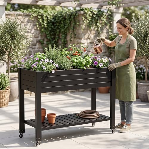 Large Elevated Raised Garden Bed with Legs,Outdoor Planter Box with Storage Shelf Drain Plug Water & Monitor for Backyard,Patio,Balcony(Black - Image 5
