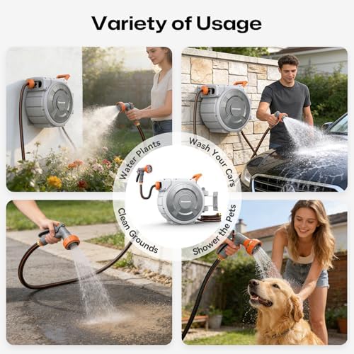 Retractable Garden Hose Reel, 1/2 Inch 150FT Wall Mounted Heavy Duty Garden Hose Reel with 9 Patterns Nozzle, Any Length Lock, Upgraded Slow Return System and 180°Swivel Metal Bracket (1/2" 150FT) - Image 7