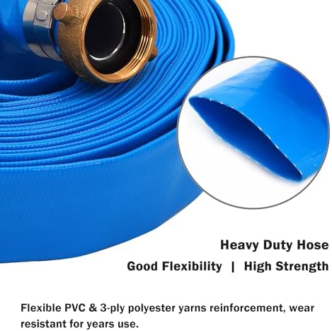 DAVCO 1.5" ID x 100 ft Pool Backwash Hose, Heavy Duty Reinforced Blue PVC Lay Flat Water Discharge Pump Hoses For Swimming Drain Pools and Clean Filters, with Brass NPT Pin Lug and KC Nipple Fittings - Image 5