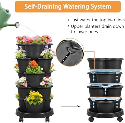 VECELO 5 Tier Vertical Garden Planter, Self Watering Stackable Planters with Wheels for Strawberries, Herbs, Flowers, Vegetables, Black - Image 3