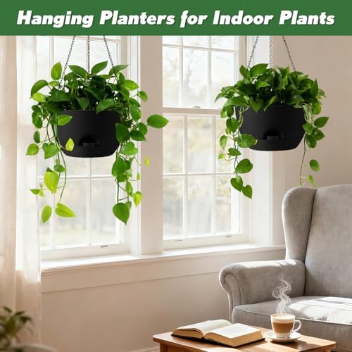 13-inch Oversized Hanging Planter Set of Two,Planters for Indoor and Outdoor Plants.Place Plant pots Across Diverse Settings Including windowsills,Living Room,and Gardens.Pure Black - Image 4