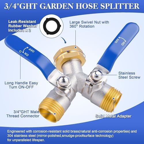 EJW Hose Splitter 2 Way, Garden Hose Splitters, Heavy Duty Faucet Splitter,Rv Brass Water Hose Y Splitter, Double Hose Connector, Spigot Splitter, Two Way Hose Manifold Valve 3/4 Inch GHT Thread. - Image 2