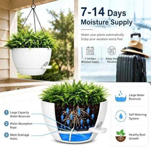 12" Self Watering Hanging Planters with Chains, White, 2 Pack - Image 2