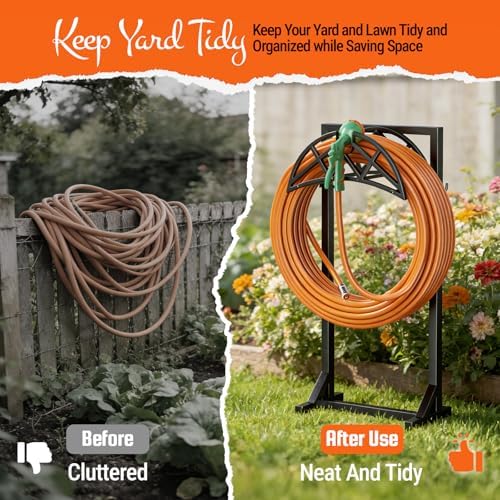 2 Pack Garden Hose Holder, Heavy-Duty Metal Stand with Stable Base & 2 Tool Hooks, Freestanding Storage Rack for Outside, Holds 150ft – Hose Holders for Yard & Lawn - Image 4